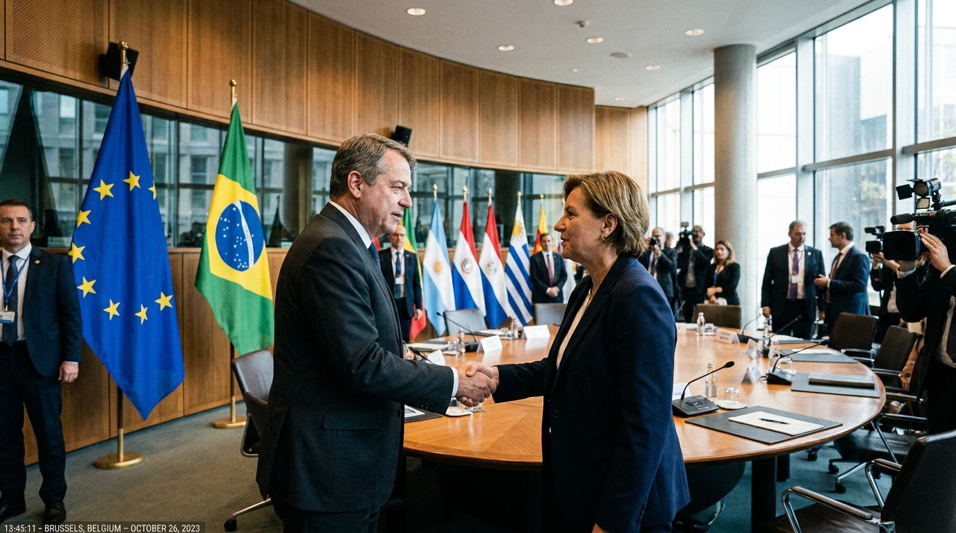 EU and Mercosur diplomats shaking hands in front of European Union and Brazilian flags
