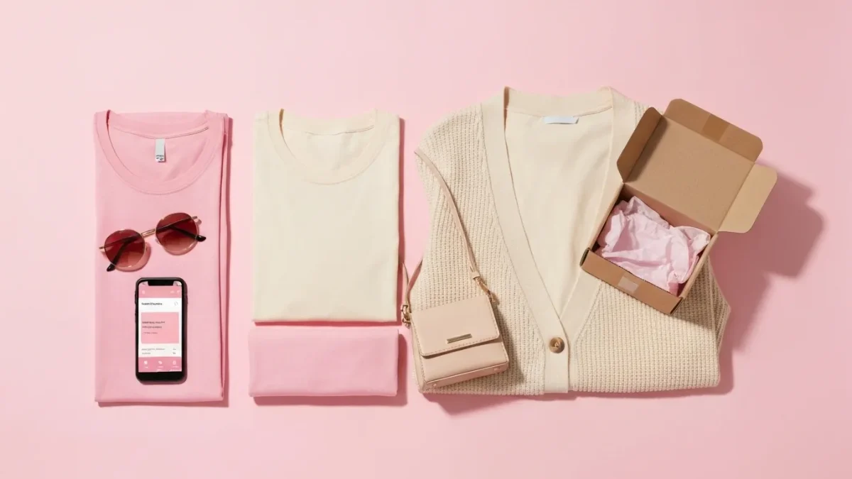 Flat lay of fashion items with delivery box and smartphone