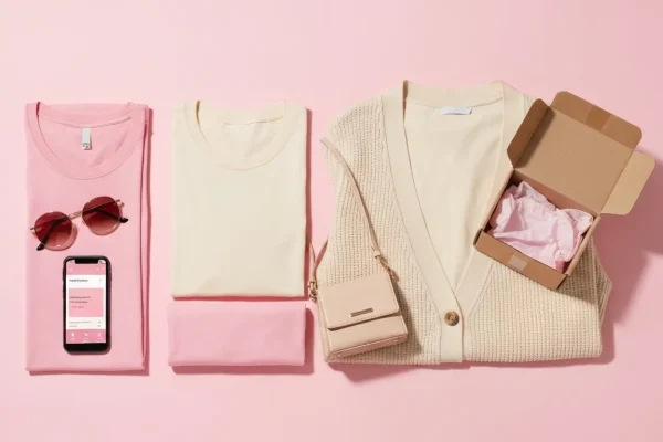 Flat lay of fashion items with delivery box and smartphone